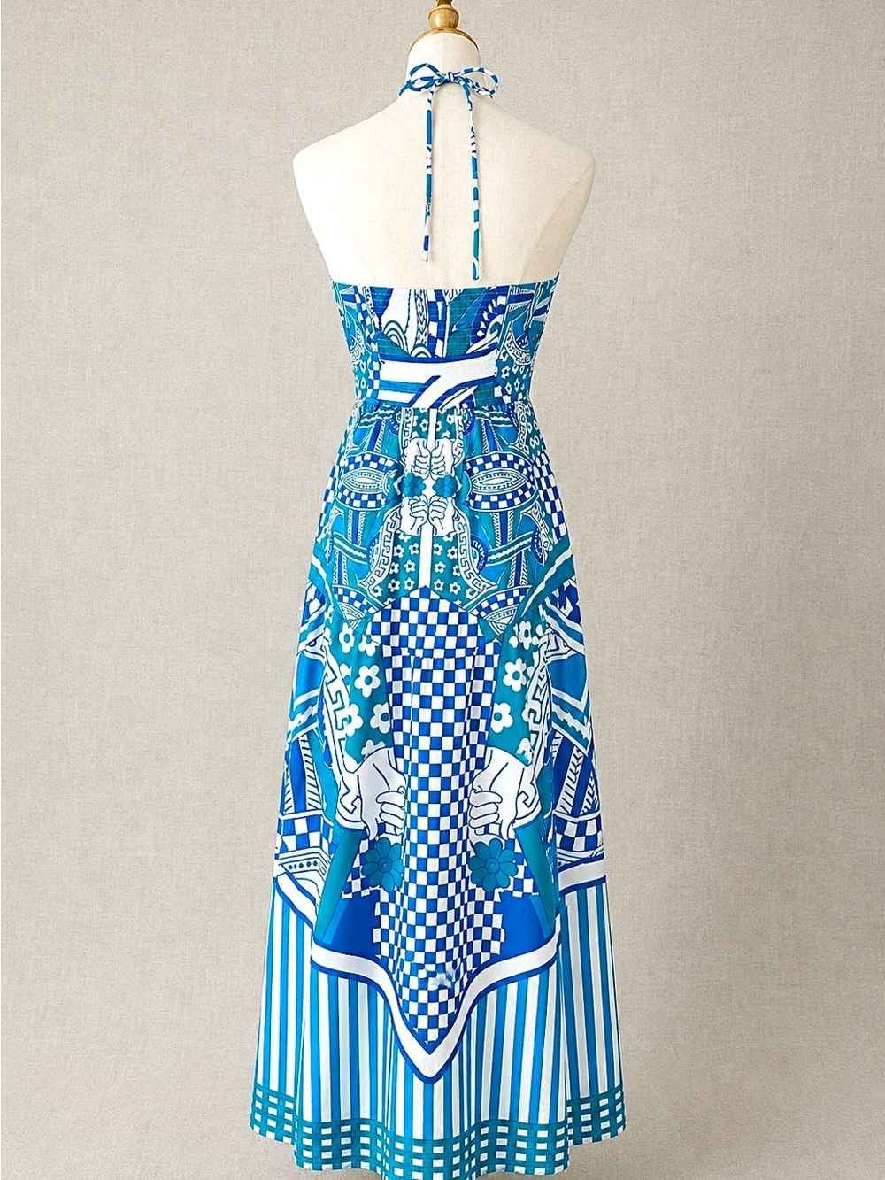 Celina Moon Mediterranean Print Halter Maxi Dress 100% Cotton Blue White Size M - Picture 2 of 10